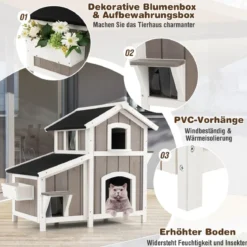 Katzenhaus Outdoor 2-stöckige Katzenhütte Katzenvilla mit Asphaltdach Grau 100 x 64 x 82,5 cm