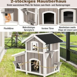 Katzenhaus Outdoor 2-stöckige Katzenhütte Katzenvilla mit Asphaltdach Grau 100 x 64 x 82,5 cm