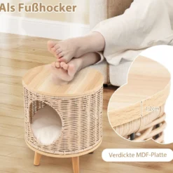 Katzenhaus Rattan Katzenbett mit Holzbeinen & abnehmbares Kissen für Katzen bis 30 kg Indoor Katzenmöbel 36 x 36 x 41 cm Natur