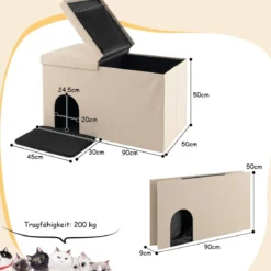 Katzenhöhle faltbar 2 in 1 Katzenhaus Sitzbank bis 200 kg Katzenversteck für Katzentoilette 90 x 50 x 50 cm Beige