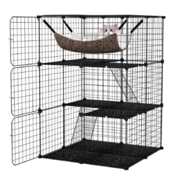 Katzenkäfig 3-stöckig große Katzengehege mit Hängematte 2 Leitern 3 Türen & Dachfenster 74 x 74 x 107 cm