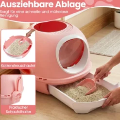 Katzenklo mit Deckel & Ausziehbarem Tablett & Schaufel & Frontöffnung Katzentoilette Rosa
