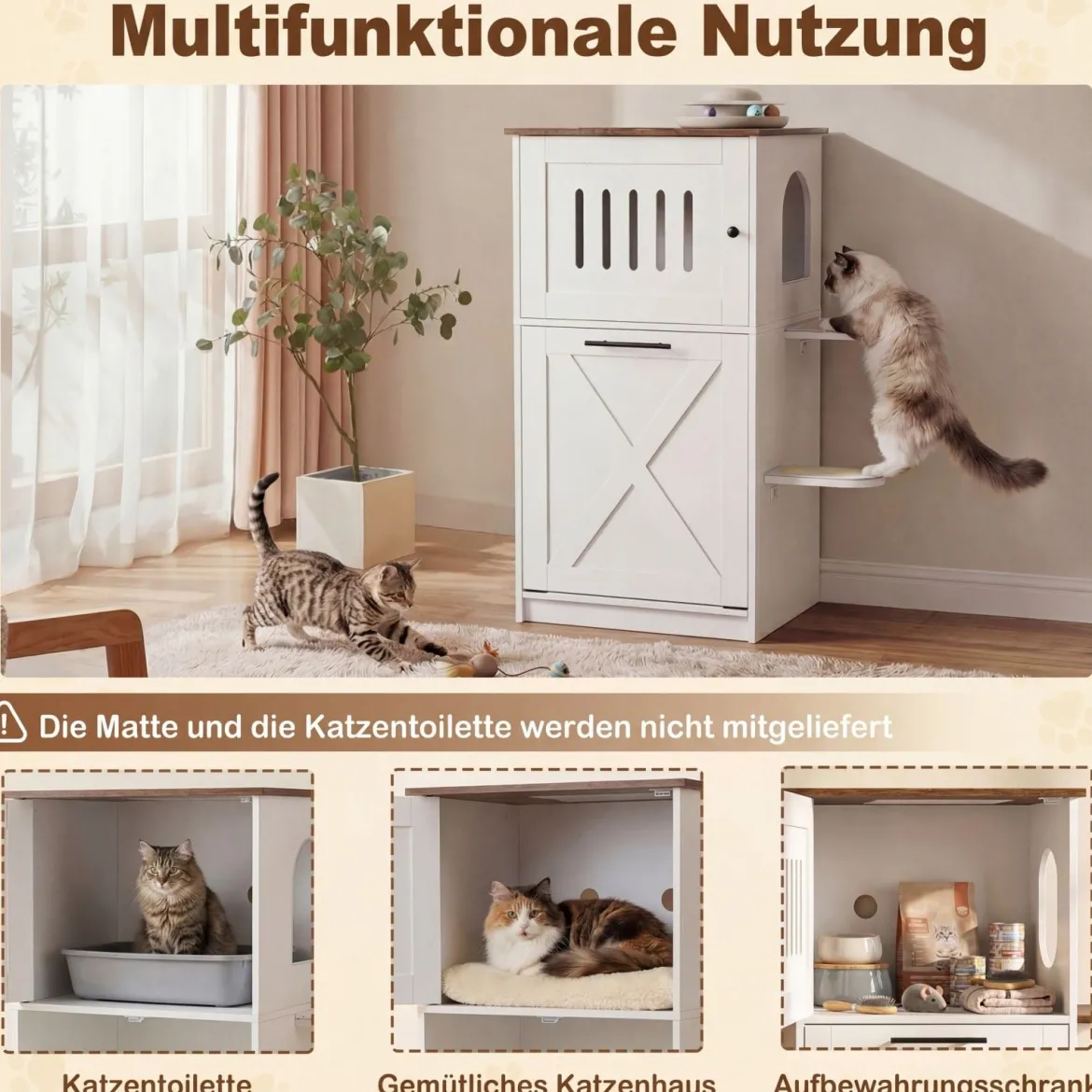 Katzenklo Schrank 115 cm Modernes Verstecktes Katzenhaus mit 2 Kratzmatten & Klappfach Weiß