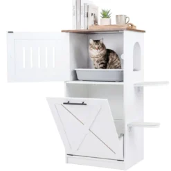 Katzenklo Schrank 115 cm Modernes Verstecktes Katzenhaus mit 2 Kratzmatten & Klappfach Weiß