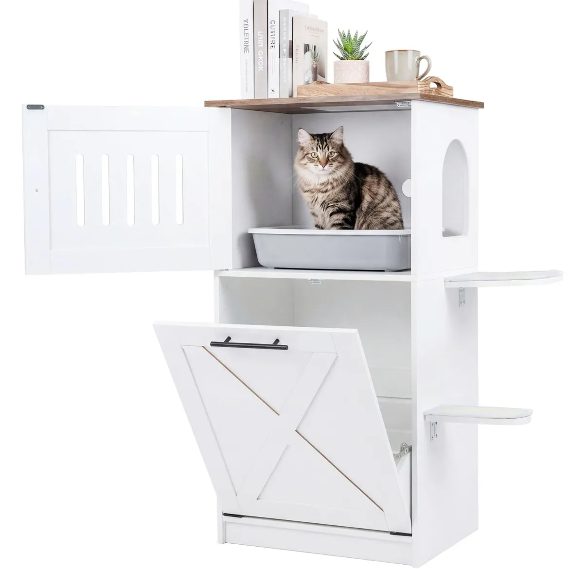 Katzenklo Schrank 115 cm Modernes Verstecktes Katzenhaus mit 2 Kratzmatten & Klappfach Weiß