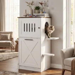 Katzenklo Schrank 115 cm Modernes Verstecktes Katzenhaus mit 2 Kratzmatten & Klappfach Weiß