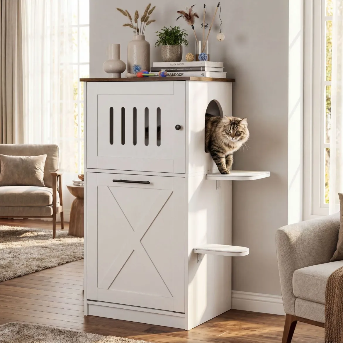 Katzenklo Schrank 115 cm Modernes Verstecktes Katzenhaus mit 2 Kratzmatten & Klappfach Weiß