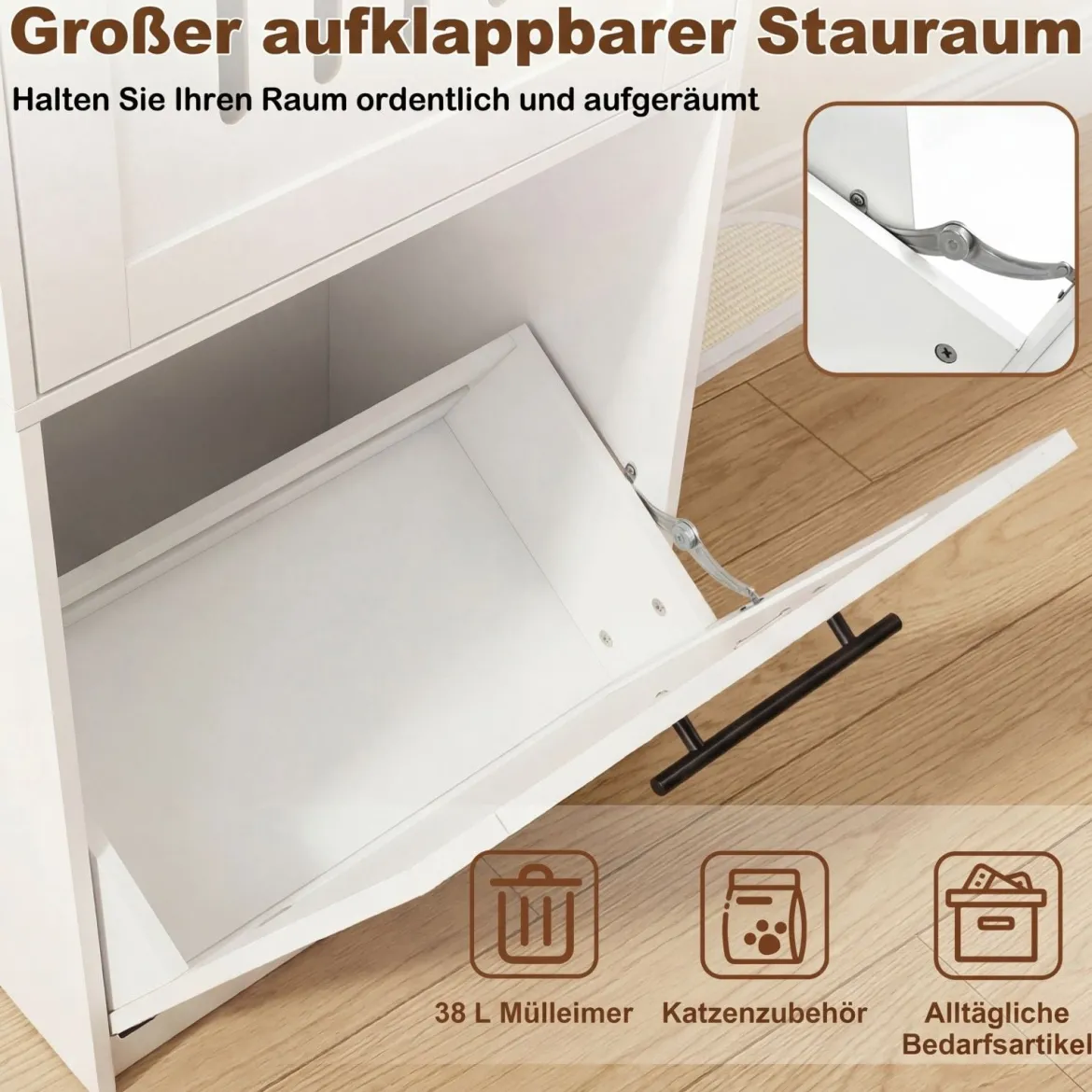 Katzenklo Schrank 115 cm Modernes Verstecktes Katzenhaus mit 2 Kratzmatten & Klappfach Weiß