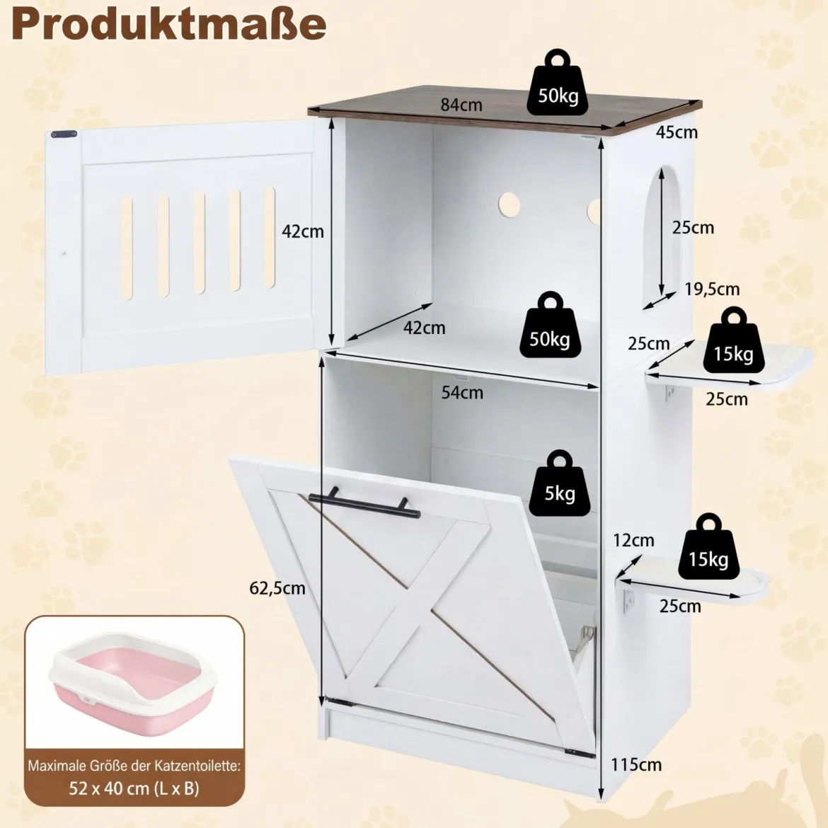 Katzenklo Schrank 115 cm Modernes Verstecktes Katzenhaus mit 2 Kratzmatten & Klappfach Weiß