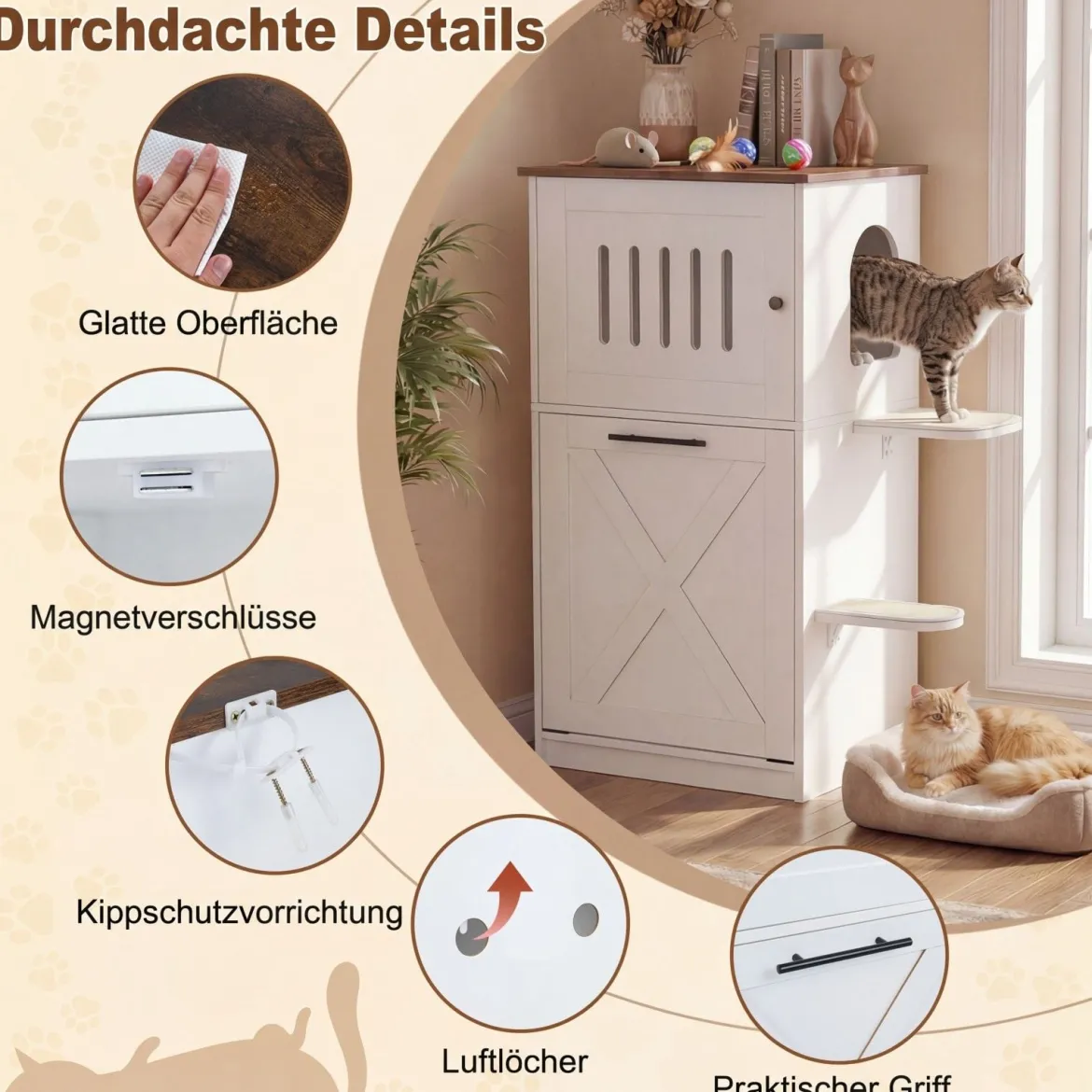 Katzenklo Schrank 115 cm Modernes Verstecktes Katzenhaus mit 2 Kratzmatten & Klappfach Weiß