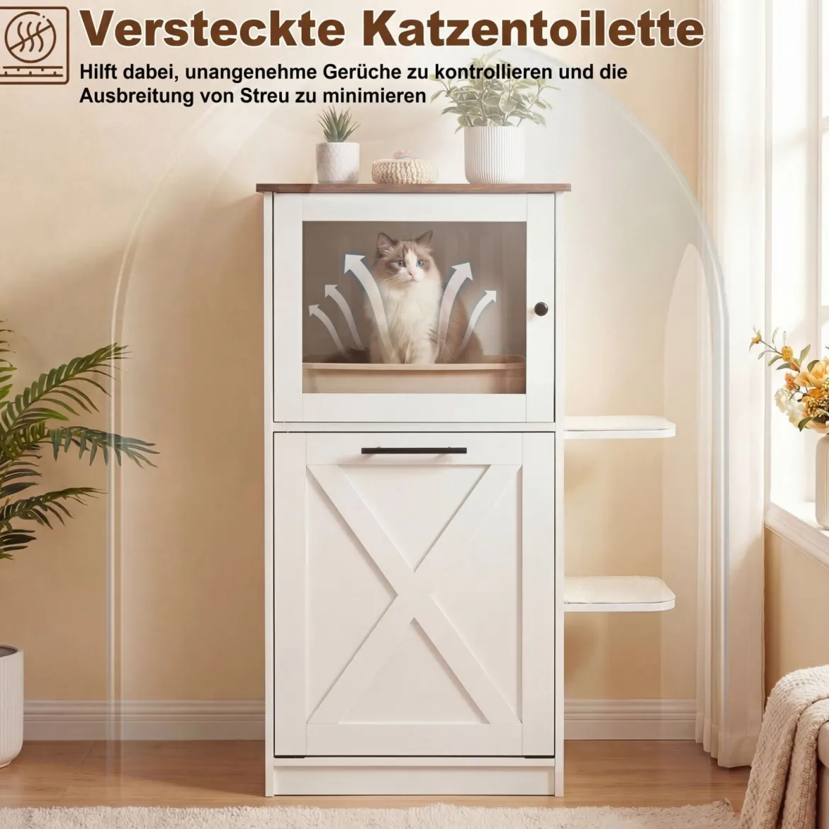 Katzenklo Schrank 115 cm Modernes Verstecktes Katzenhaus mit 2 Kratzmatten & Klappfach Weiß