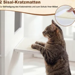 Katzenklo Schrank 115 cm Modernes Verstecktes Katzenhaus mit 2 Kratzmatten & Klappfach Weiß