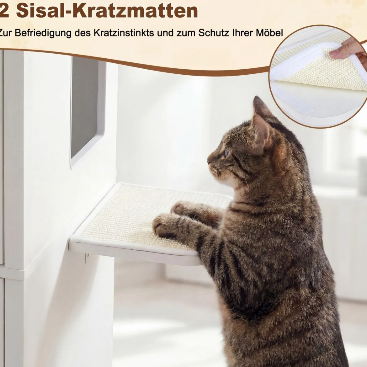 Katzenklo Schrank 115 cm Modernes Verstecktes Katzenhaus mit 2 Kratzmatten & Klappfach Weiß