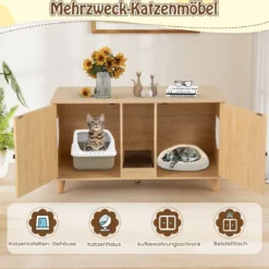Katzenschrank für Katzentoilette Katzenklo Schrank mit 2 Türen Katzenhaus für 2 Katzen Natur/Weiß