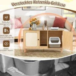 Katzenschrank für Katzentoilette Katzenklo Schrank mit 2 Türen Katzenhaus für 2 Katzen Natur/Weiß