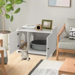 Katzenschrank Katzentoilette mit Doppeltüren & Eingang & Kratzbrett Weiß