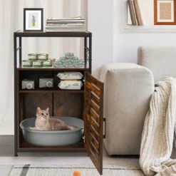 Katzenschrank Katzentoilette mit Lamellentür & Eingang Katzenhaus mit Regal & Haken Braun