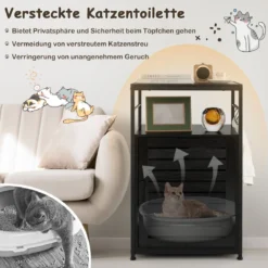 Katzenschrank Katzentoilette mit Lamellentür & Eingang Katzenhaus mit Regal & Haken Schwarz