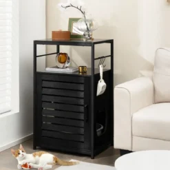 Katzenschrank Katzentoilette mit Lamellentür & Eingang Katzenhaus mit Regal & Haken Schwarz
