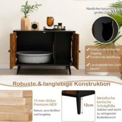 Katzenschrank Katzentoilette Katzenhaus mit Doppeltüren & Eingang 80 x 50 x 57 cm Schwarz + Natur