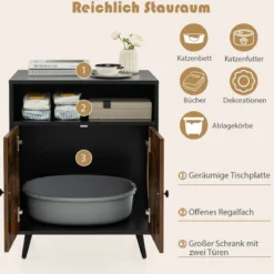 Katzenschrank Katzentoilette Katzenhaus mit Doppeltüren & Eingang 60 x 45 x 75 cm Schwarz + Natur
