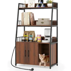 Katzenschrank mit Bücherregal Ladestation 3 Ebenen Kratzmatte & Eingang 80 x 40 x 132cm Walnuss