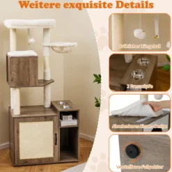 Katzenschrank mit Kratzbaum Katzenturm mit Sisal-Kratzpfosten Kratzmatte & hängendem Ball Katzenbaum Grau
