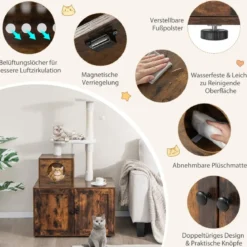 Katzenschrank mit Kratzbaum Gehäuse für Katzentoiletten Katzenmöbel Weiß/Grau/Rustikales Braun
