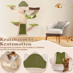 Katzenturm zur Wandmontage mit Bett & Hängematte & Sisalpfosten Katzenwandregal