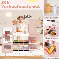Kaufladen 30TLG. Kaufmannsladen Holz mit Verkaufsautomat & Kasse & Kaffeemaschine Rosa