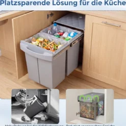 Küche Abfalleimer mit 2 Fächer Ausziehbarer Küchenmülleimer mit ABS Deckel Mülltrennsystem Grau