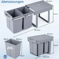 Küche Abfalleimer mit 2 Fächer Ausziehbarer Küchenmülleimer mit ABS Deckel Mülltrennsystem Grau