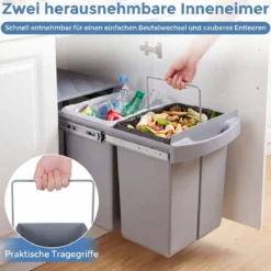 Küche Abfalleimer mit 2 Fächer Ausziehbarer Küchenmülleimer mit ABS Deckel Mülltrennsystem Grau