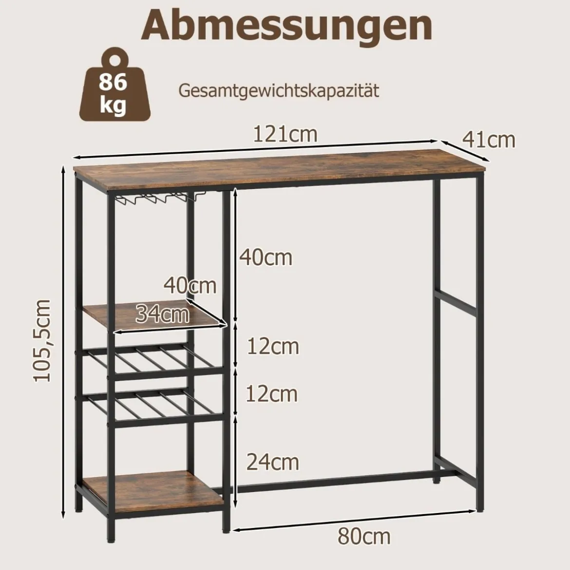 Küche Bartisch mit Ablagefächern & Weinregalen & Glashaltern Küchentheke Theke Bar