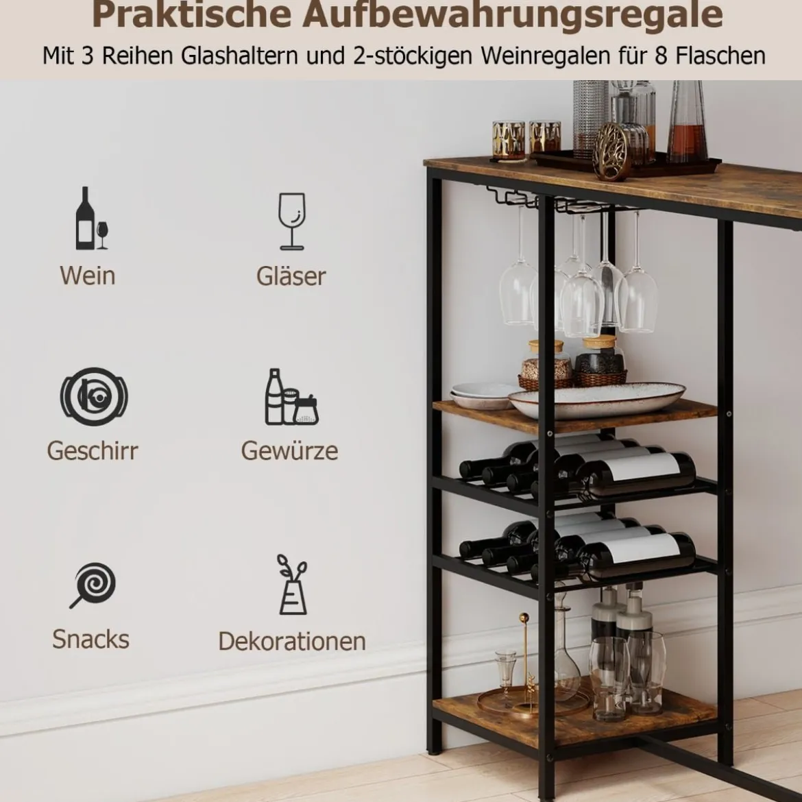 Küche Bartisch mit Ablagefächern & Weinregalen & Glashaltern Küchentheke Theke Bar