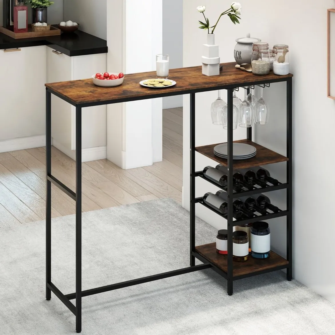 Küche Bartisch mit Ablagefächern & Weinregalen & Glashaltern Küchentheke Theke Bar