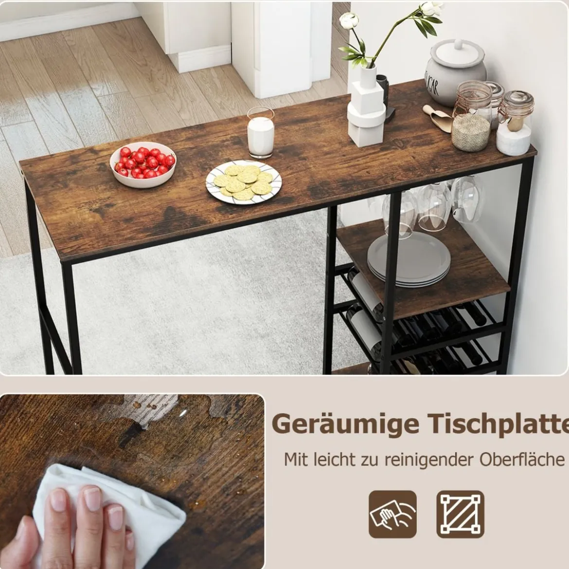 Küche Bartisch mit Ablagefächern & Weinregalen & Glashaltern Küchentheke Theke Bar