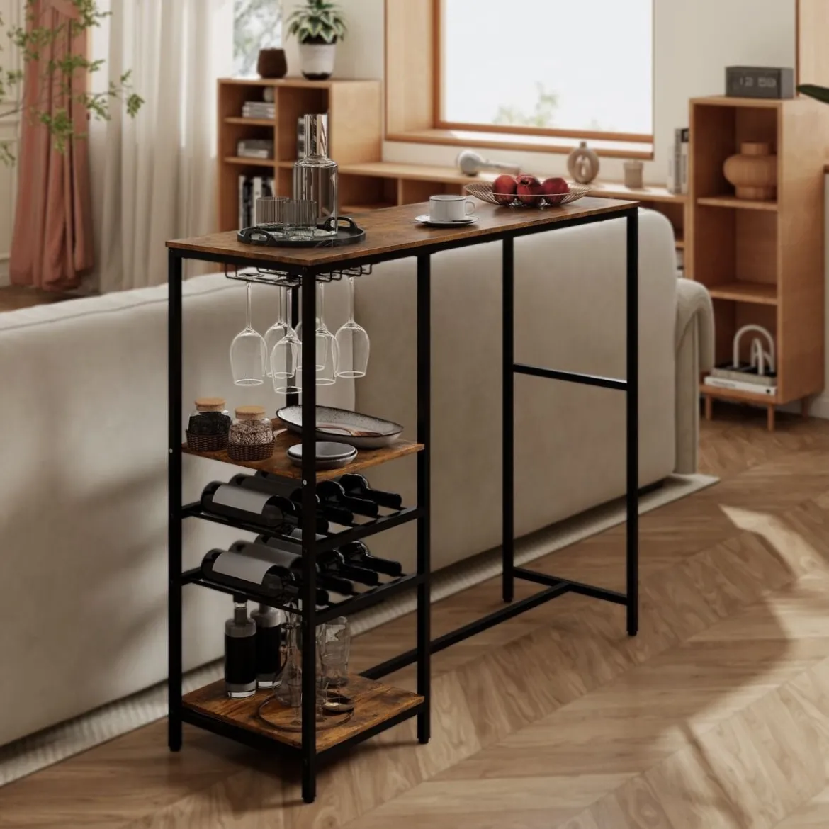 Küche Bartisch mit Ablagefächern & Weinregalen & Glashaltern Küchentheke Theke Bar