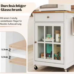 Kücheninselwagen mit Holztischplatte & Glastür & Schublade Rollender Küchenschrank Bartisch