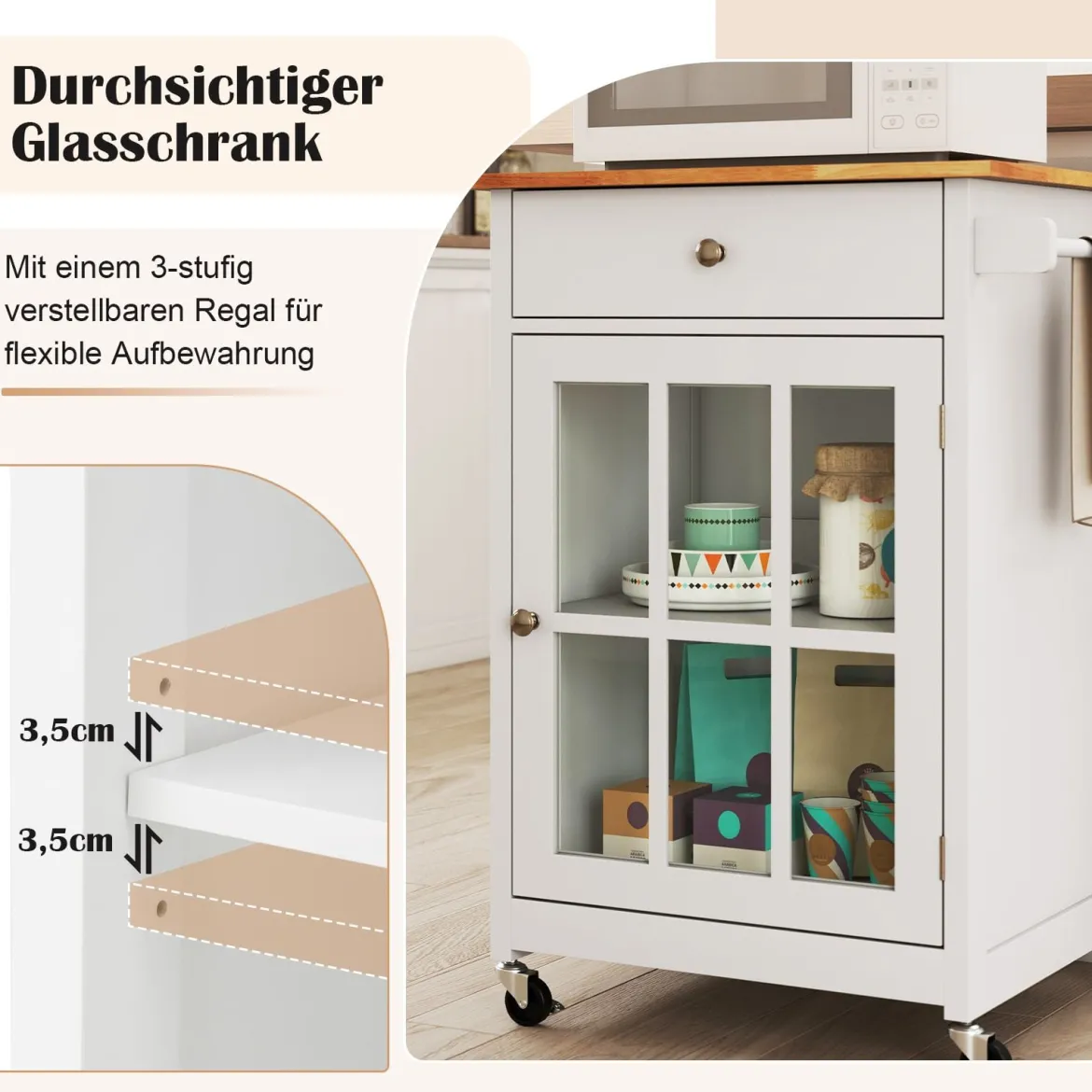 Kücheninselwagen mit Holztischplatte & Glastür & Schublade Rollender Küchenschrank Bartisch