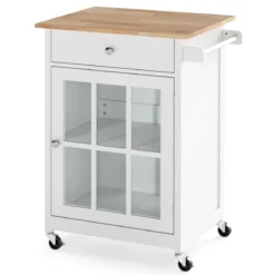 Kücheninselwagen mit Holztischplatte & Glastür & Schublade Rollender Küchenschrank Bartisch