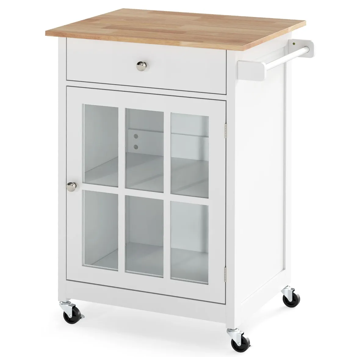 Kücheninselwagen mit Holztischplatte & Glastür & Schublade Rollender Küchenschrank Bartisch
