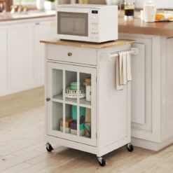 Kücheninselwagen mit Holztischplatte & Glastür & Schublade Rollender Küchenschrank Bartisch