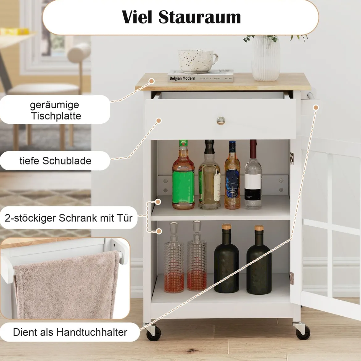 Kücheninselwagen mit Holztischplatte & Glastür & Schublade Rollender Küchenschrank Bartisch