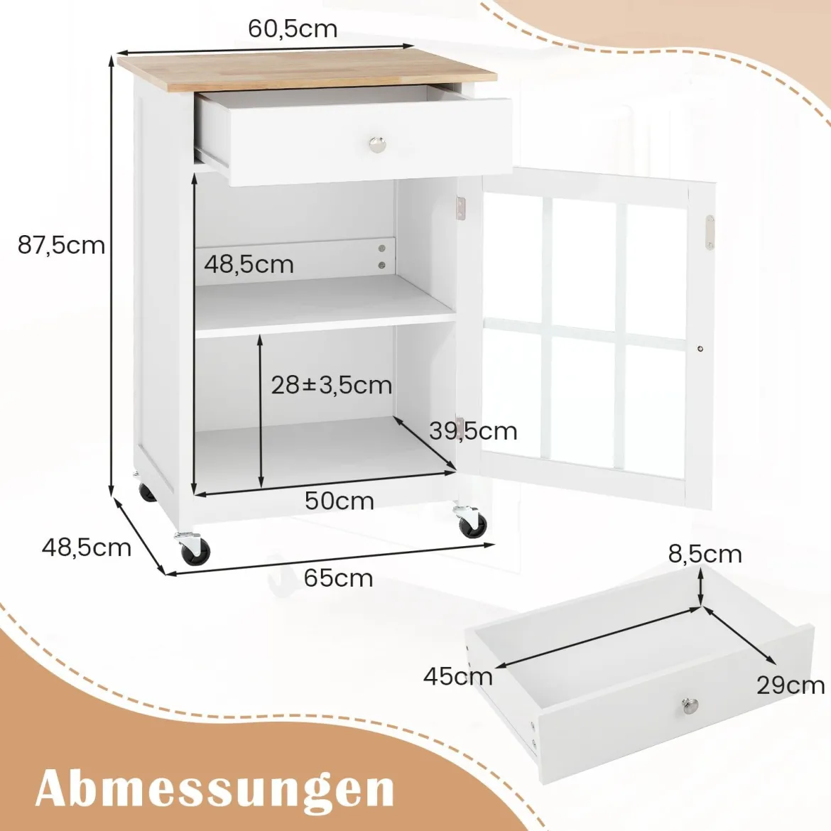 Kücheninselwagen mit Holztischplatte & Glastür & Schublade Rollender Küchenschrank Bartisch