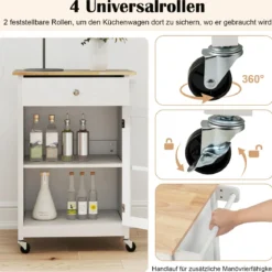 Kücheninselwagen mit Holztischplatte & Glastür & Schublade Rollender Küchenschrank Bartisch