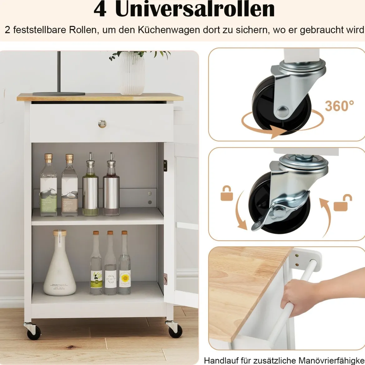 Kücheninselwagen mit Holztischplatte & Glastür & Schublade Rollender Küchenschrank Bartisch
