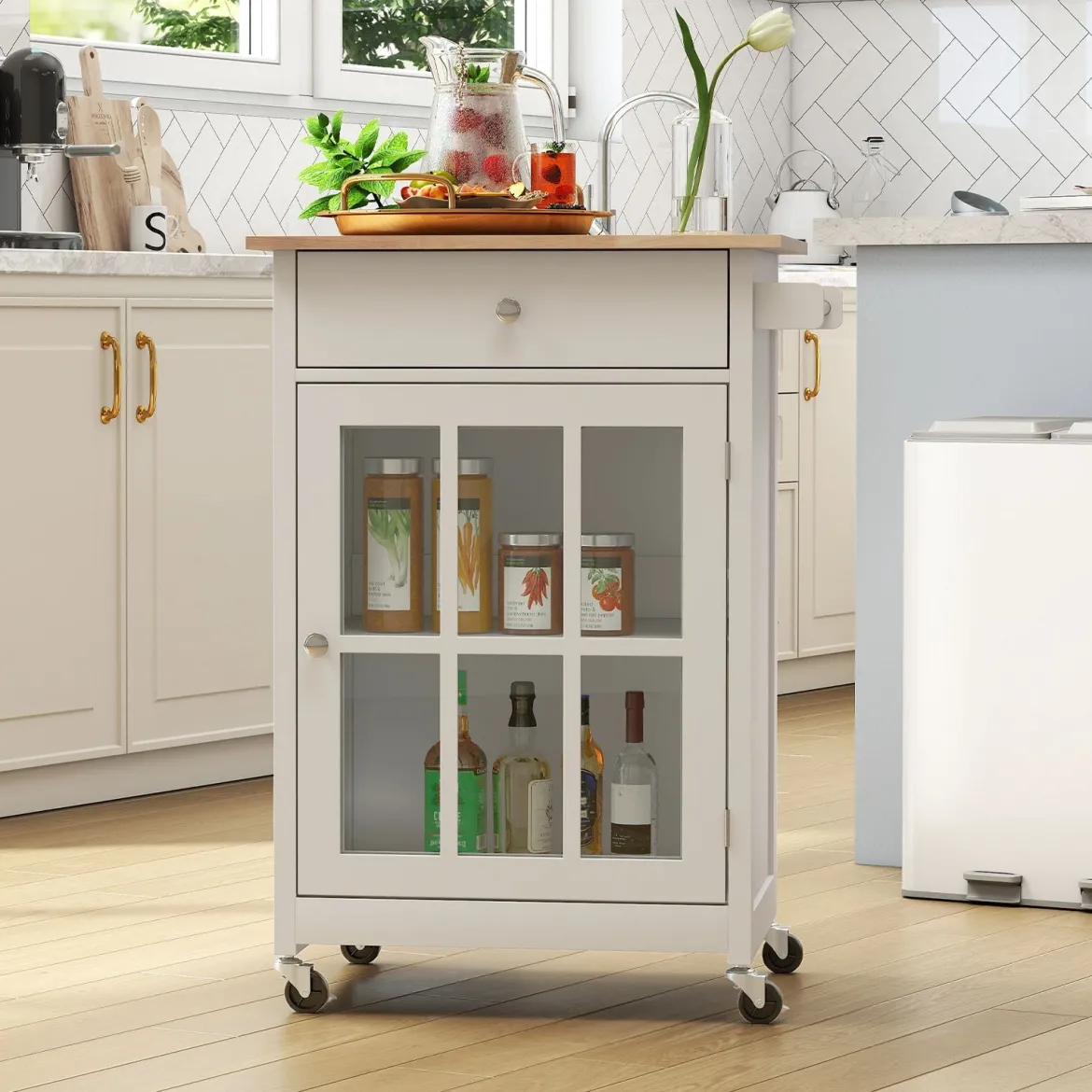 Kücheninselwagen mit Holztischplatte & Glastür & Schublade Rollender Küchenschrank Bartisch
