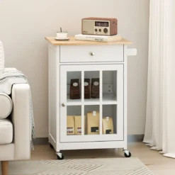 Kücheninselwagen mit Holztischplatte & Glastür & Schublade Rollender Küchenschrank Bartisch