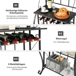 Küchenregal mit breiter Arbeitsplatte 4 offene Gitterregale Kippschutz Mehrzweck Lagerregal Schwarz